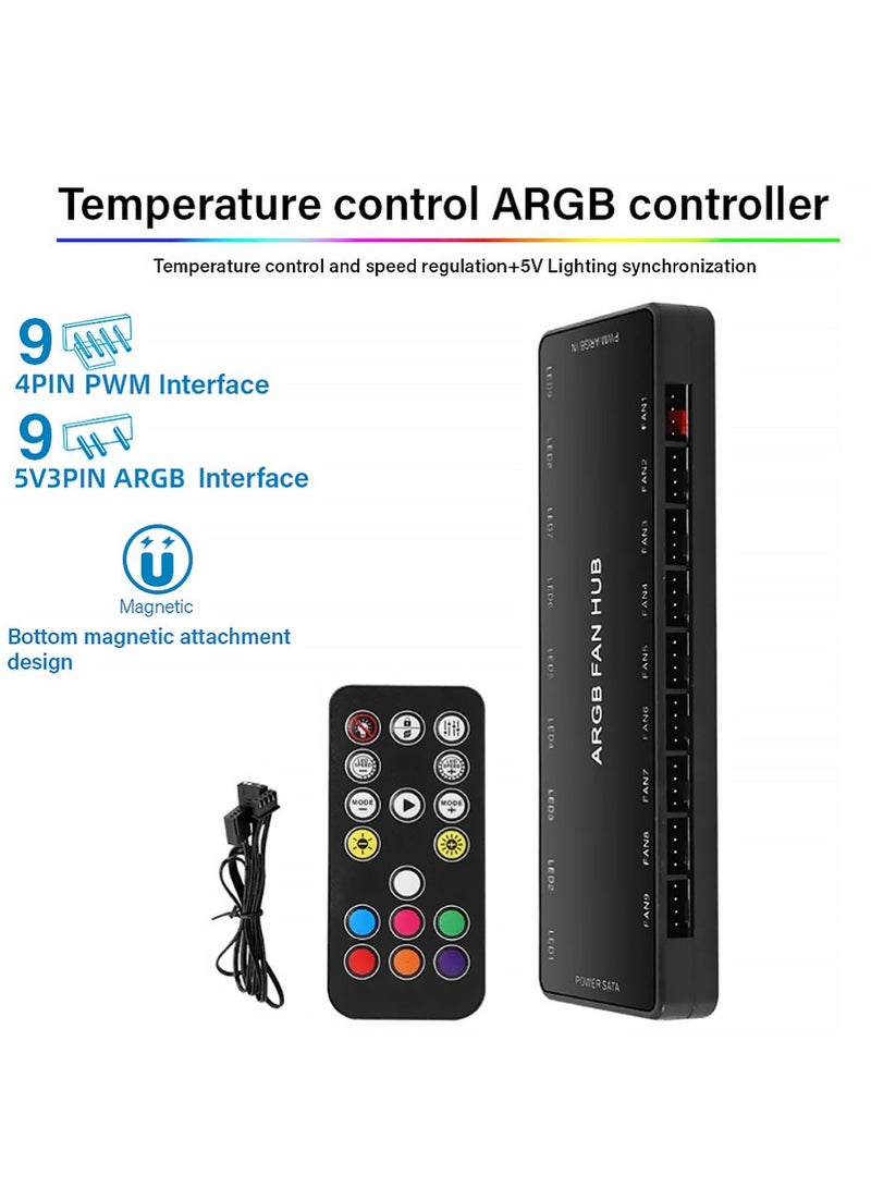 X-level ARGB Fan HUB Controller with Remote Control, PWM Hub Support 9 Groups of Fans for Addressable 5V 3Pin ARGB & 12V 4Pin PWM, 2-in-1 RGB Case Fan with Hidden Magnetic Base and SATA Power (9 Groups) - Image 1